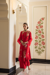 RED HAND EMBRODERED STRAIGHT KURTA SET