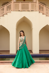 EMERALD GREEN HALF JAALI PALLA LEHENGA SET