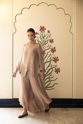 ASYMMETRIC BEIGE TONE ON TONE KURTA SET