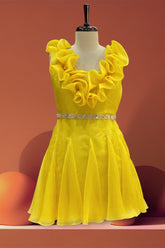 yellow SOLID ruffle godet skirt DRESS with embellished belt