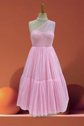 Tulle soft pink corset one shoulder midi dress