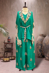 GREEN KAFTAN STYLE HAND EMBROIDERED TIE UP CAPE WITH GHARARA.