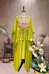 GREEN YOKE HAND EMBROIDERED KAFTAN PAIRED WITH COWl DRAPE ASYMMETRIC PANTS