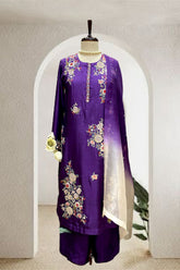 purple hand embroidered placement work straight kurta set