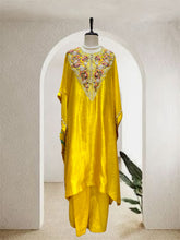 Mustard hand embroidered yoke kaftan set