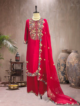 Red threadwork straight kurta set