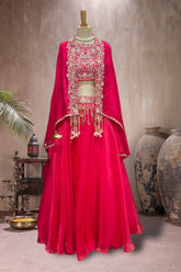 pink hand embroidered cape lehenga set