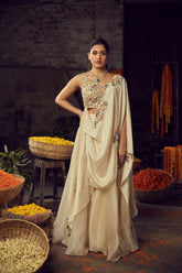 HAND EMBROIDERED BLOUSE WITH SILK DRAPE SASH AND SHARARA SET