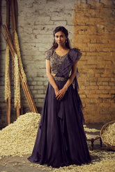 WATERFALL RUFFLE GREY LEHENGA SET WITH BLOUSE, RUFFLE DUPATTA AND BELT