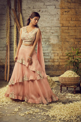 HAND EMBROIDERED BLOUSE WITH 3 LAYER LEHENGA SET