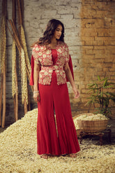 HAND EMBROIDERED CAPE WITH SHARARA AND BELT SET