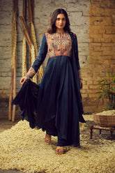 asymetrical LONG JACKET WITH DRAPED DUPATTA AND PALAZO SET