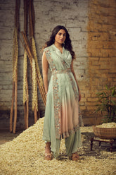 HAND EMBROIDERED SHADED DUPATTA WITH DRAPED PANTS ,COLLAR BLOUSE AND BELT SET