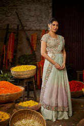 PRESTITCHED DUPATTA WITH PLEATED BELT, BLOUSE AND LEHENGA SET