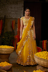 Yellow Organza Hand Embroidered Bridal Lehenga Set