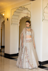 SILVER TISSUE CAPE LEHENGA SET