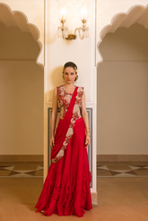 RED HAND EMBROIDERED CRINKLE DRAPE SAREE SET