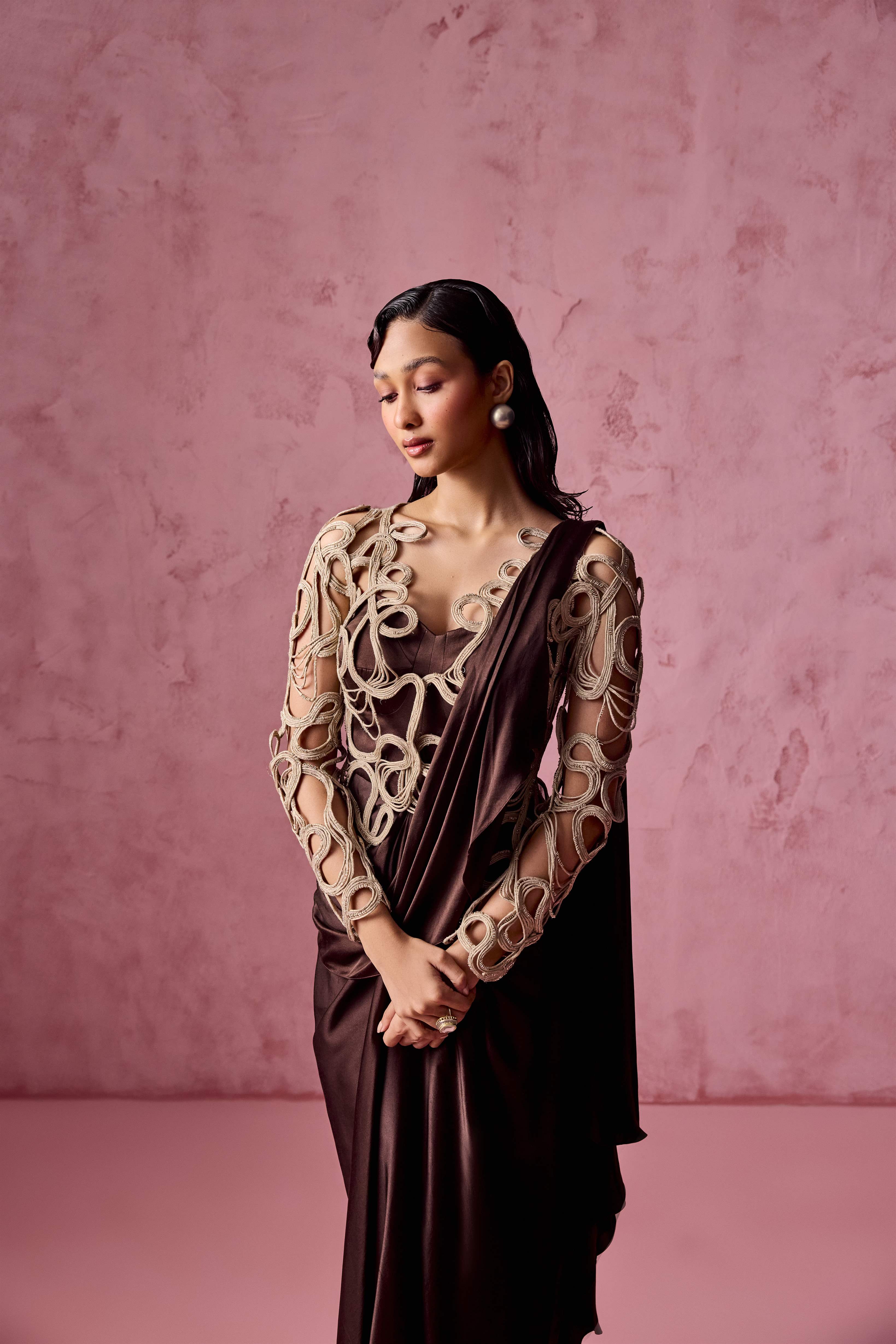 BROWN DRAPE DRESS ABSTRACT DORI JACKET