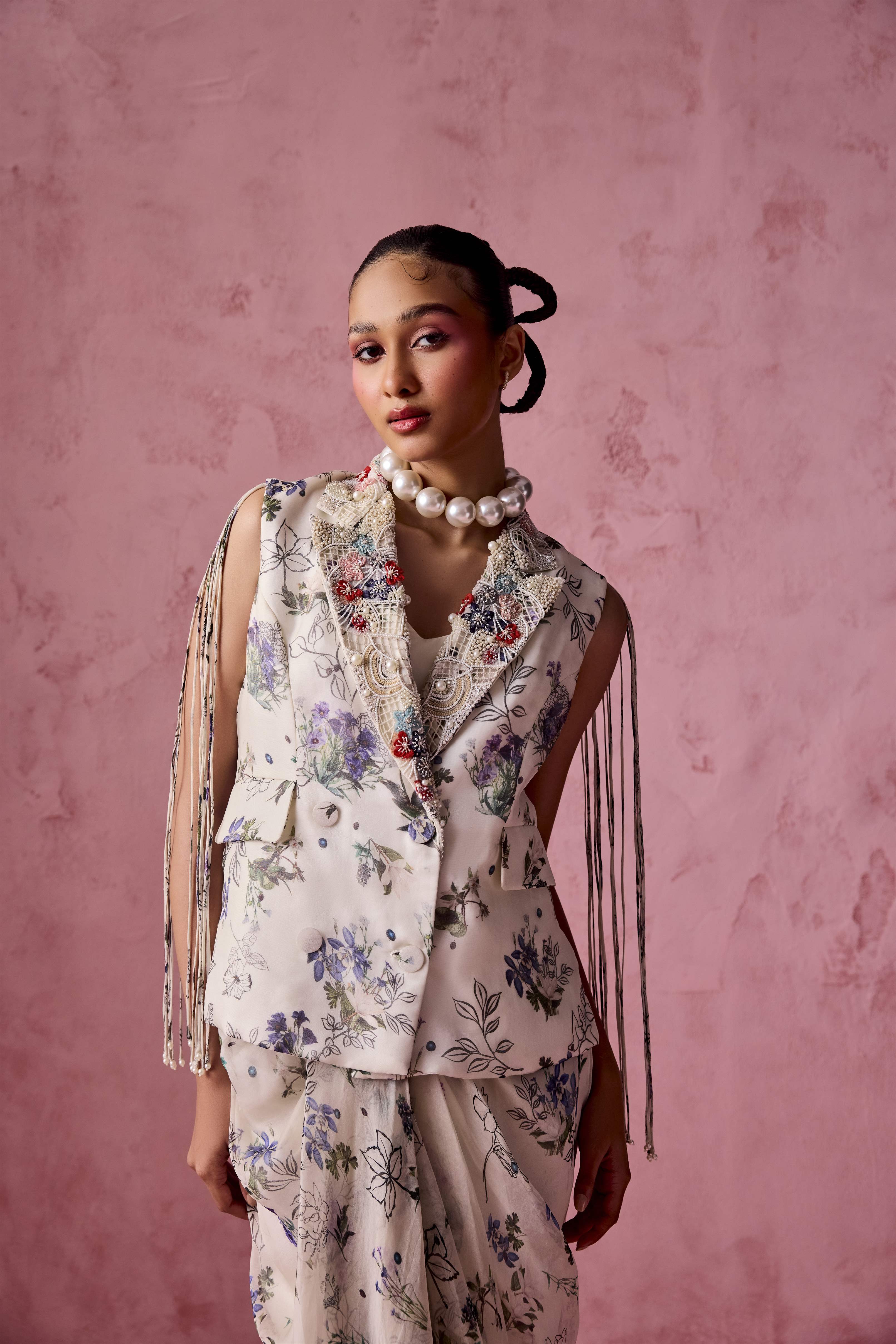 PRINTED DORI SLEEVES JACKET SET DRAPE SKIRT