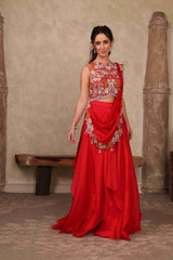 Fuchia Pink Draped Saree Set