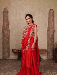 Fuchia Pink Draped Saree Set