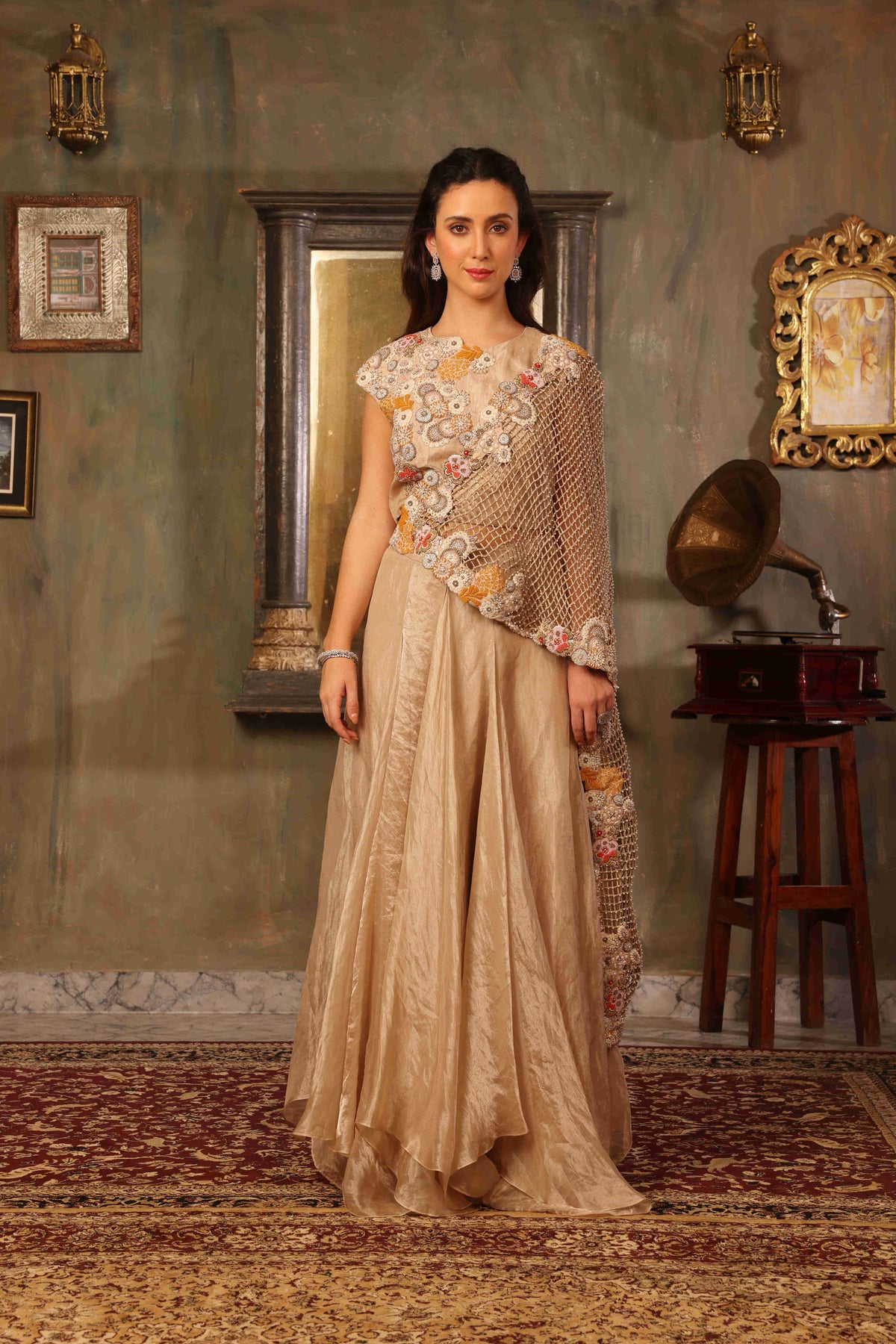 Tissue Jali Palla Drape Saree Set