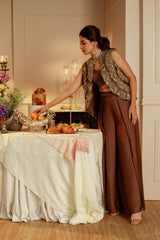 EMBROIDERED LAYERED RUFFLE JACKET WITH BUSTIER AND FLAP PANTS