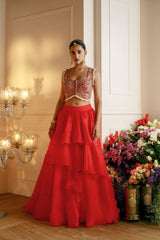 RED LAYERED LEHENGA WITH EMBROIDERED BLOUSE