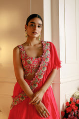 FUSCIA PINK ORGANZA LEHENGA WITH EMBROIDERED BLOUSE AND A SASH