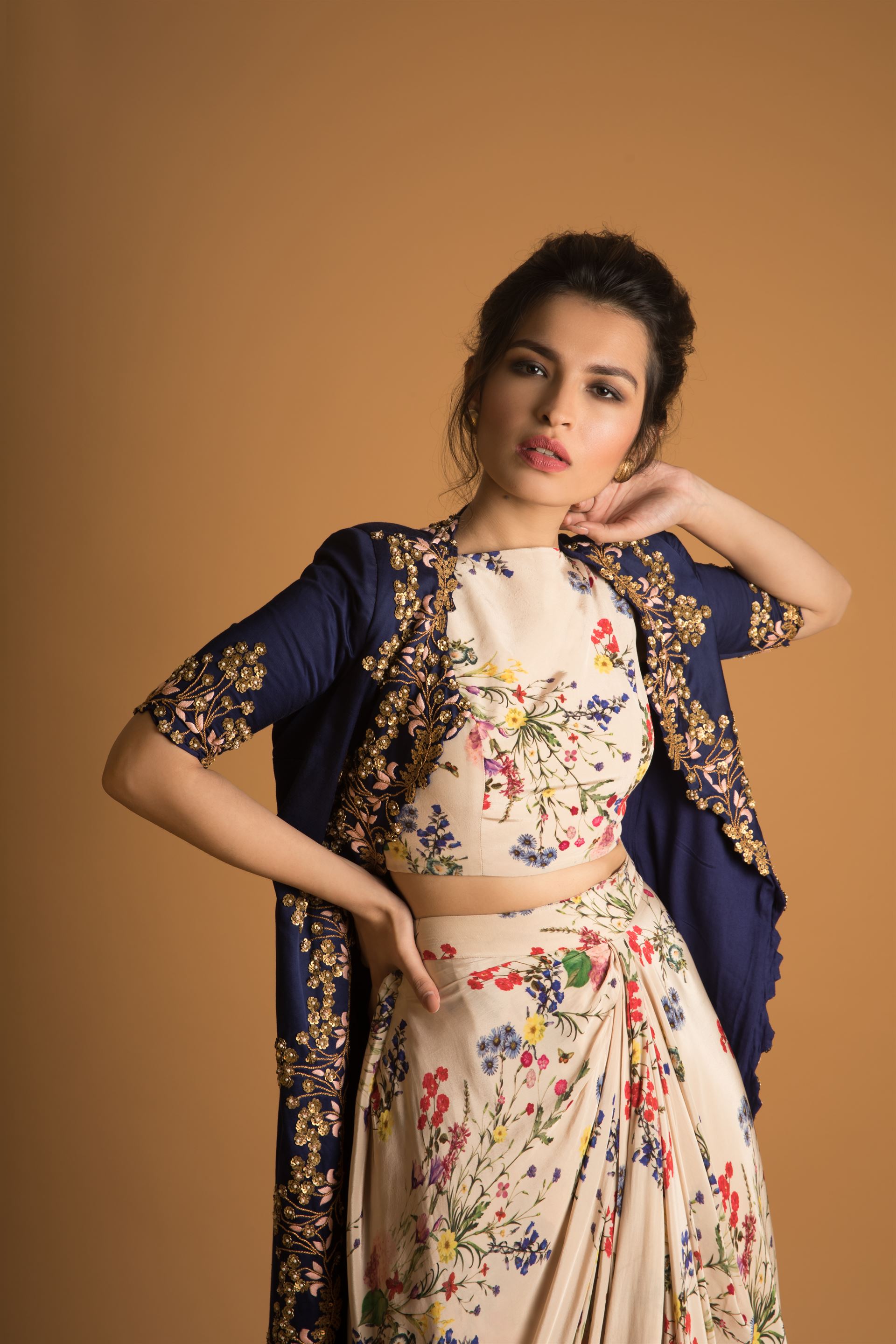 Draped Skirt Long Skirt And Top With Overcoat Printed Crop Top And