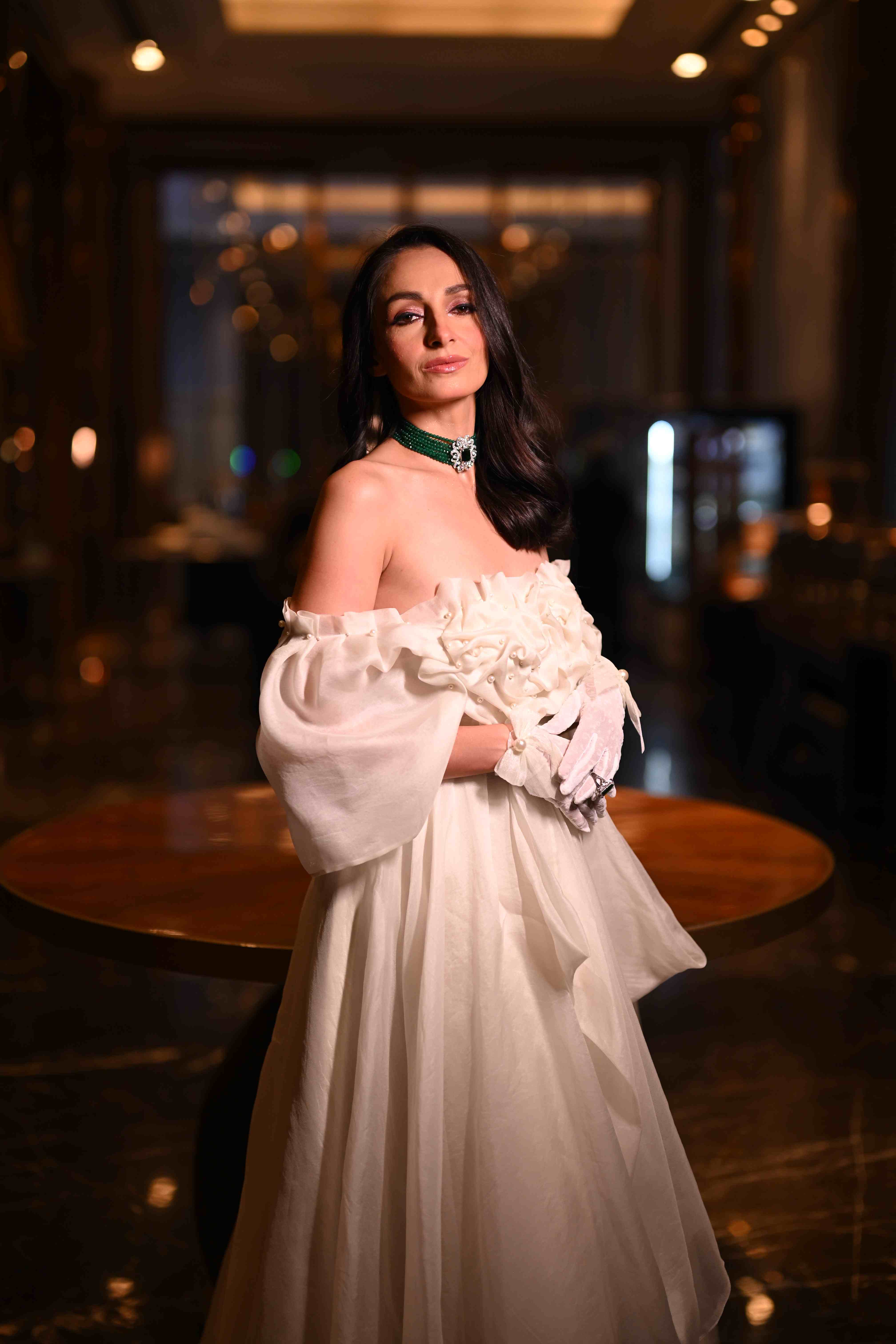 Off White Off Shoulder Gown