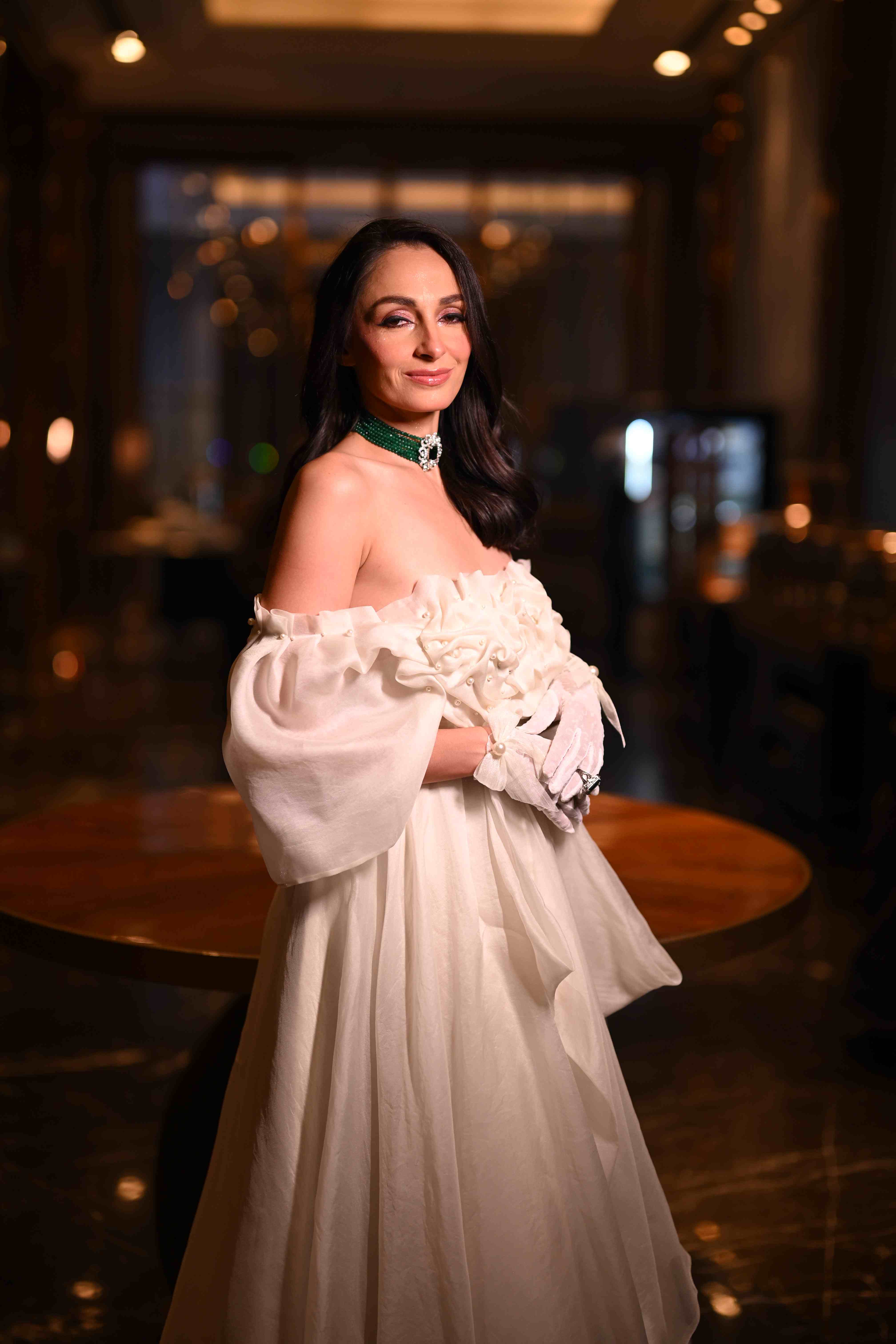 Off White Off Shoulder Gown