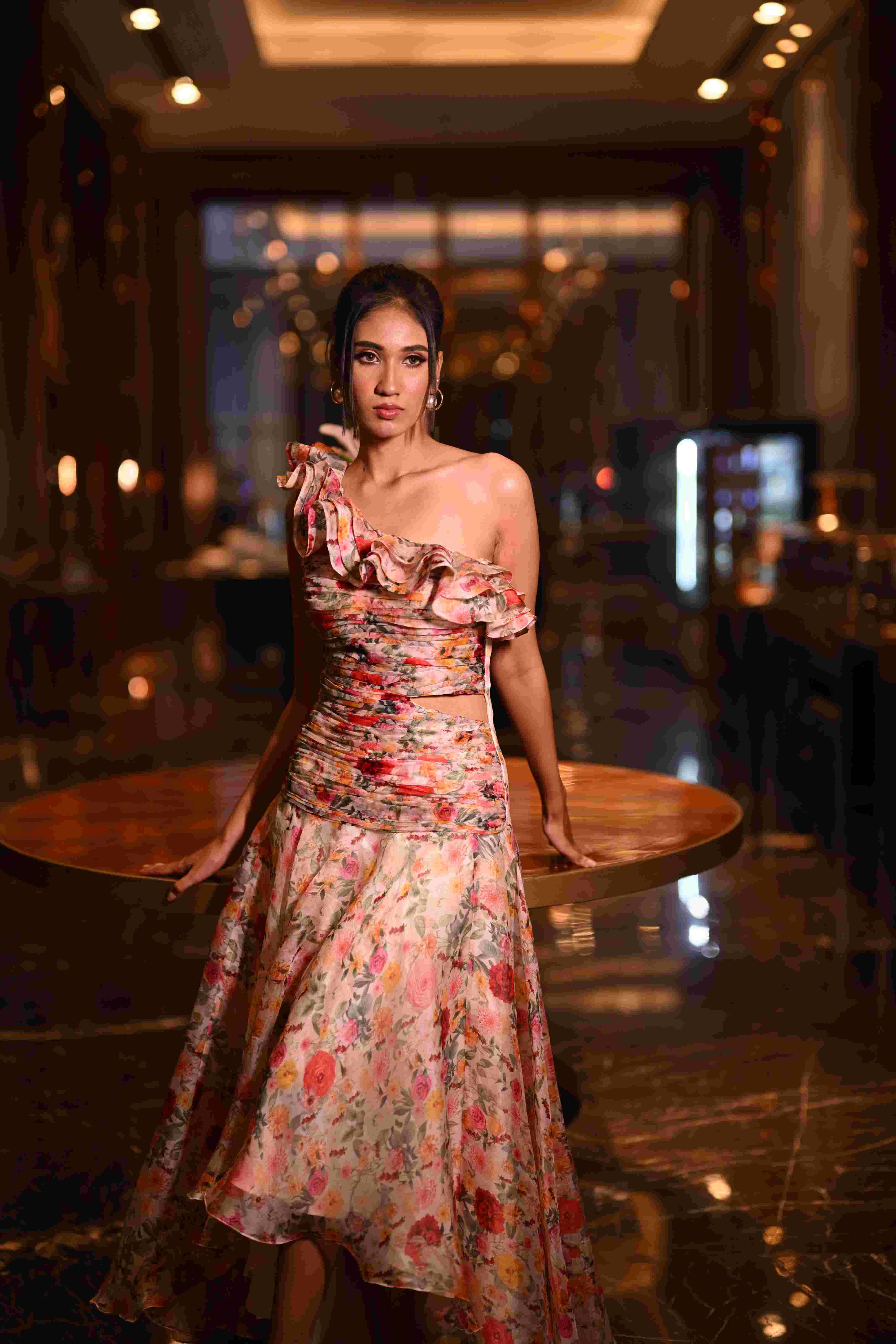One Side Off Shoulder Floral Printed Dress