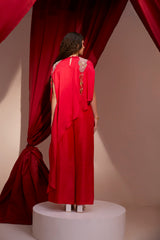 EMBROIDERED DRAWSTRING CAPE BLOUSE AND PANT SET