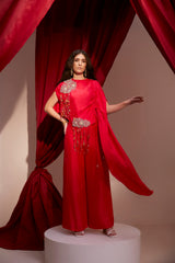EMBROIDERED DRAWSTRING CAPE BLOUSE AND PANT SET