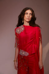 EMBROIDERED DRAWSTRING CAPE BLOUSE AND PANT SET