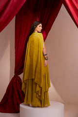 HAND EMBROIDERED HALF PLEAT CAPE PAIRED WITH A BLOUSE AND SHARARA SET