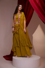 HAND EMBROIDERED HALF PLEAT CAPE PAIRED WITH A BLOUSE AND SHARARA SET