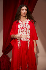 DRAWSTRING EMBROIDERED CAPE WITH EMBROIDERED BLOUSE AND PICKUP SKIRT