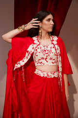 DRAWSTRING EMBROIDERED CAPE WITH EMBROIDERED BLOUSE AND PICKUP SKIRT