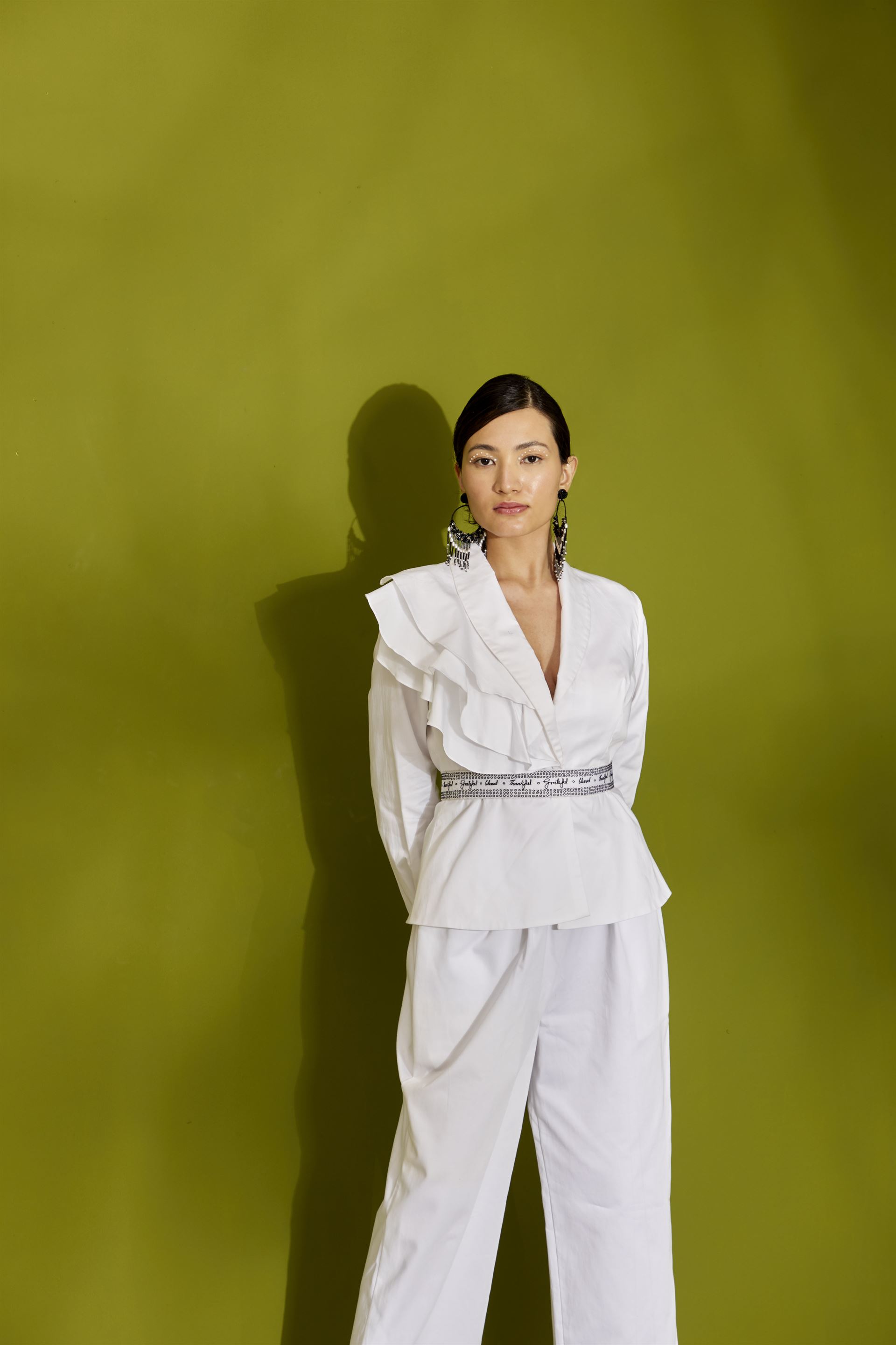 White Ruffle Jacket SOLID WHITE ONE SIDE RUFFLE JACKET PANTS AND HAND EMBROIDERED BELT ...