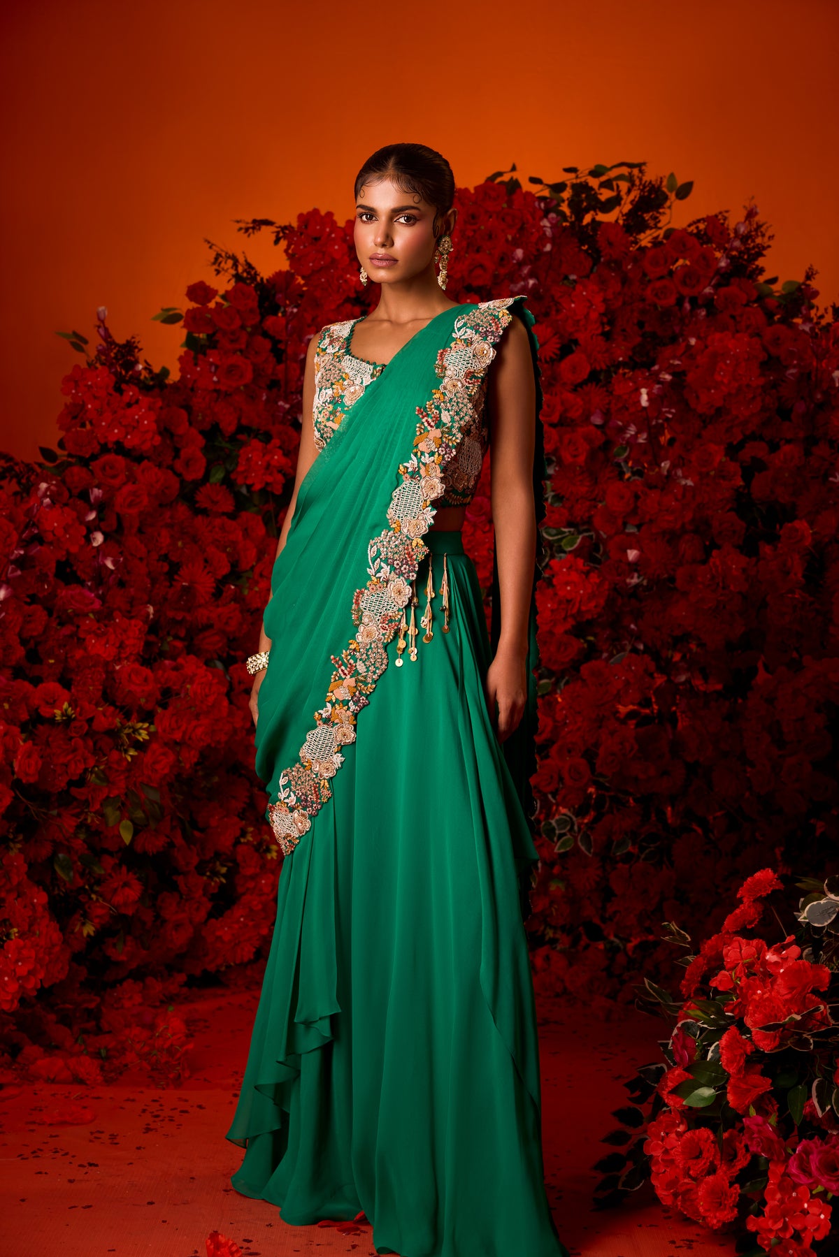 Moss Green Drape Saree Set