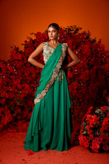Moss Green Drape Saree Set