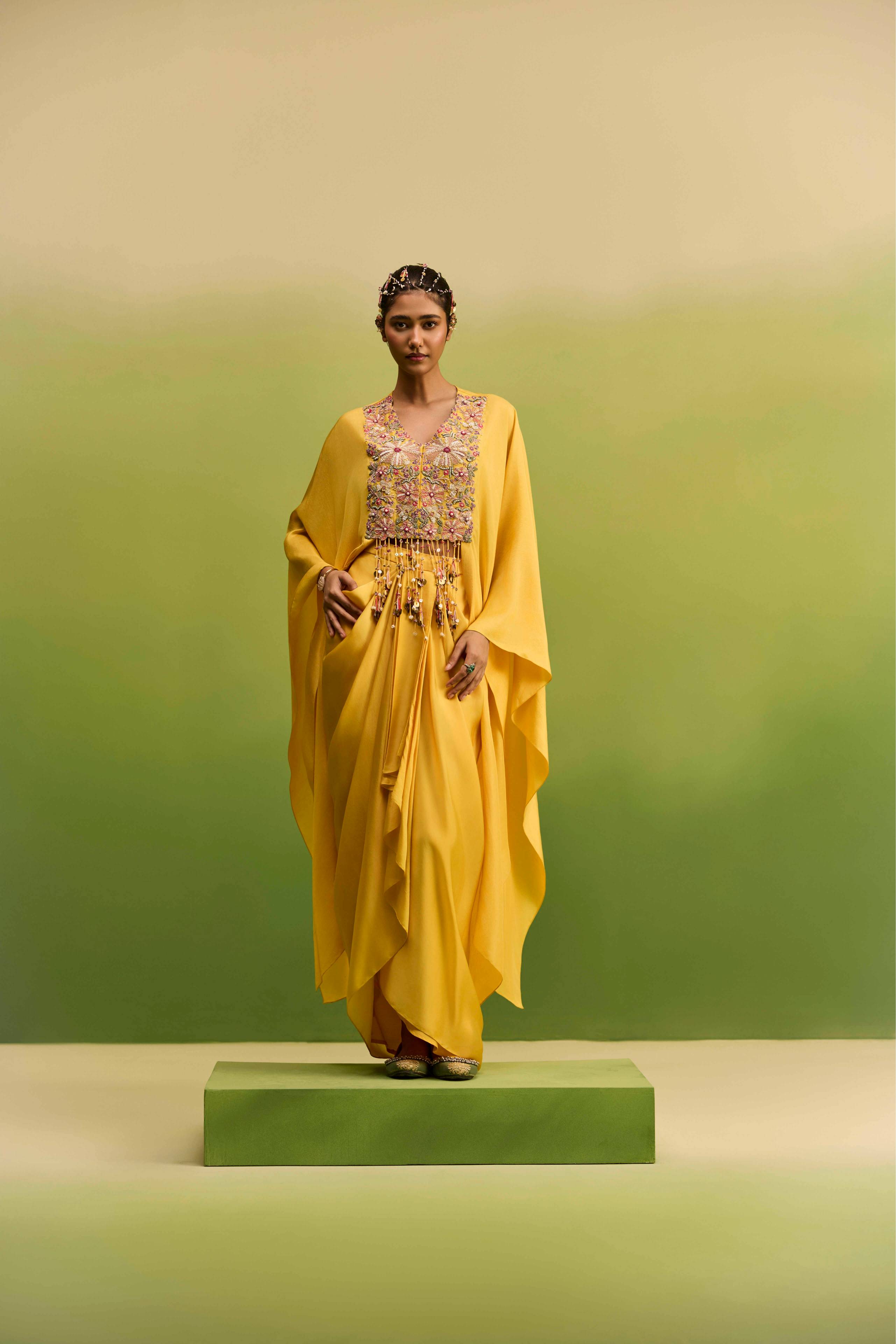 Yellow Kaftan with Drape Skirt