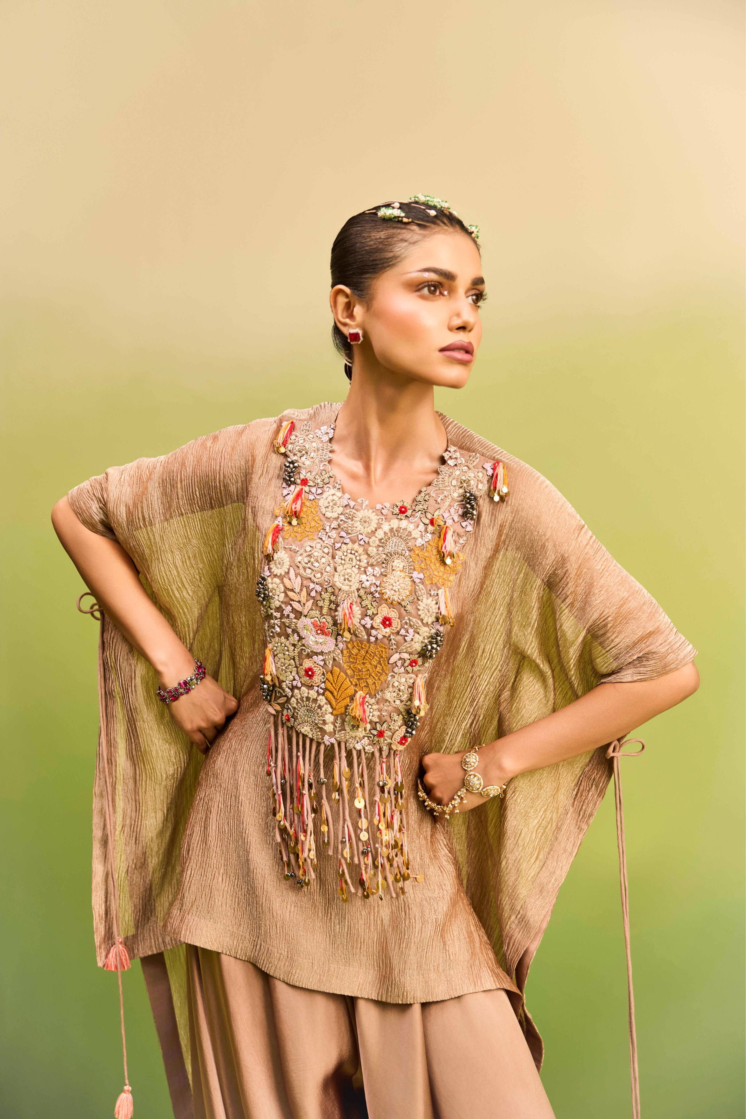 Champgne Tissue kaftan set with harem pant