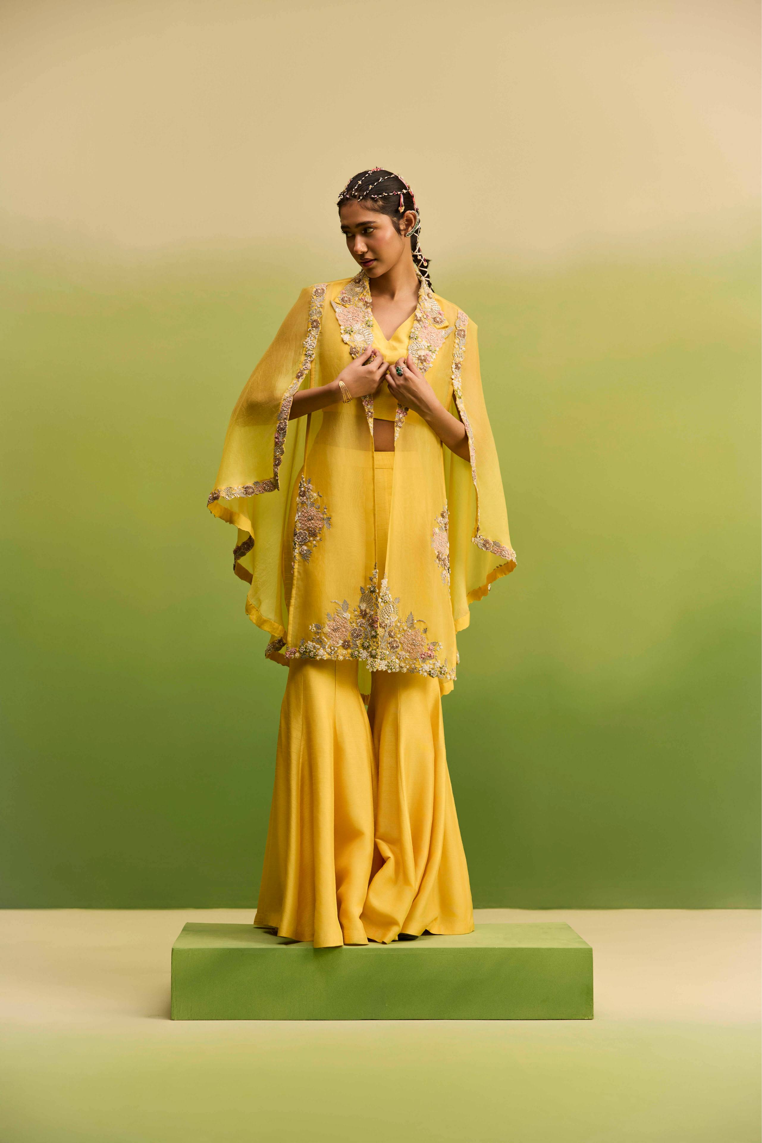 Yellow Side cut cape jacket set
