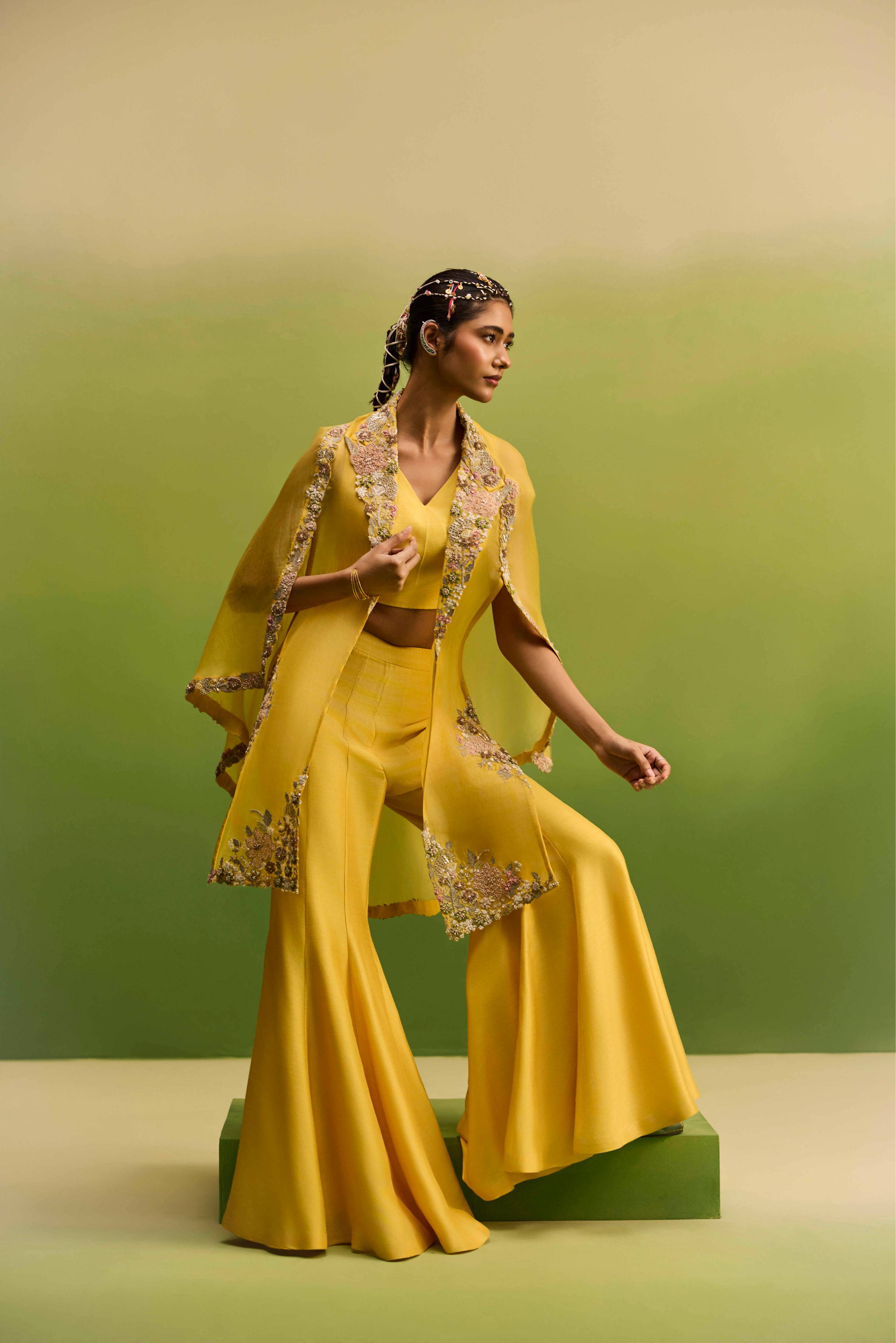 Yellow Side cut cape jacket set