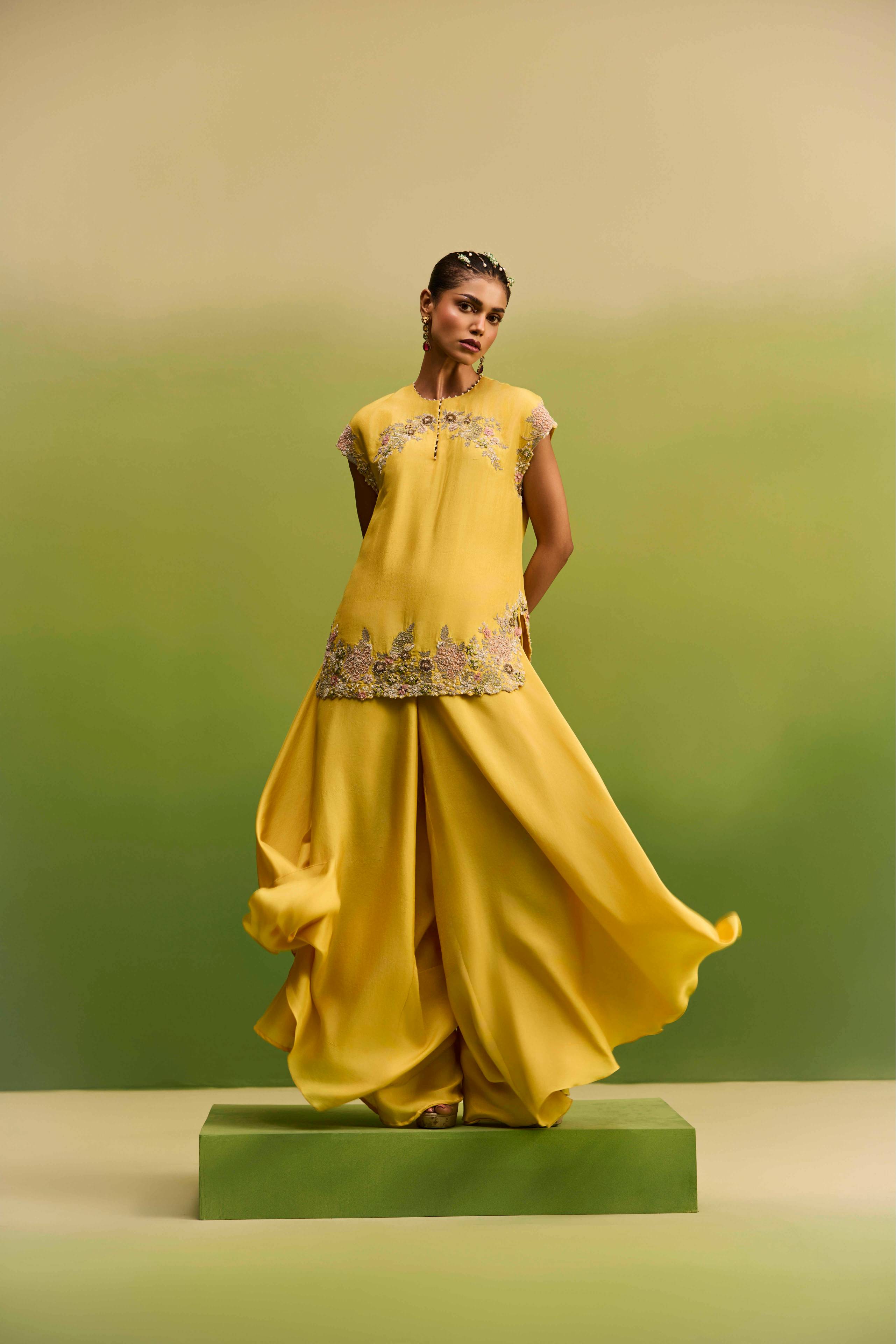 Yellow Short Kurta Floral Emblished Set