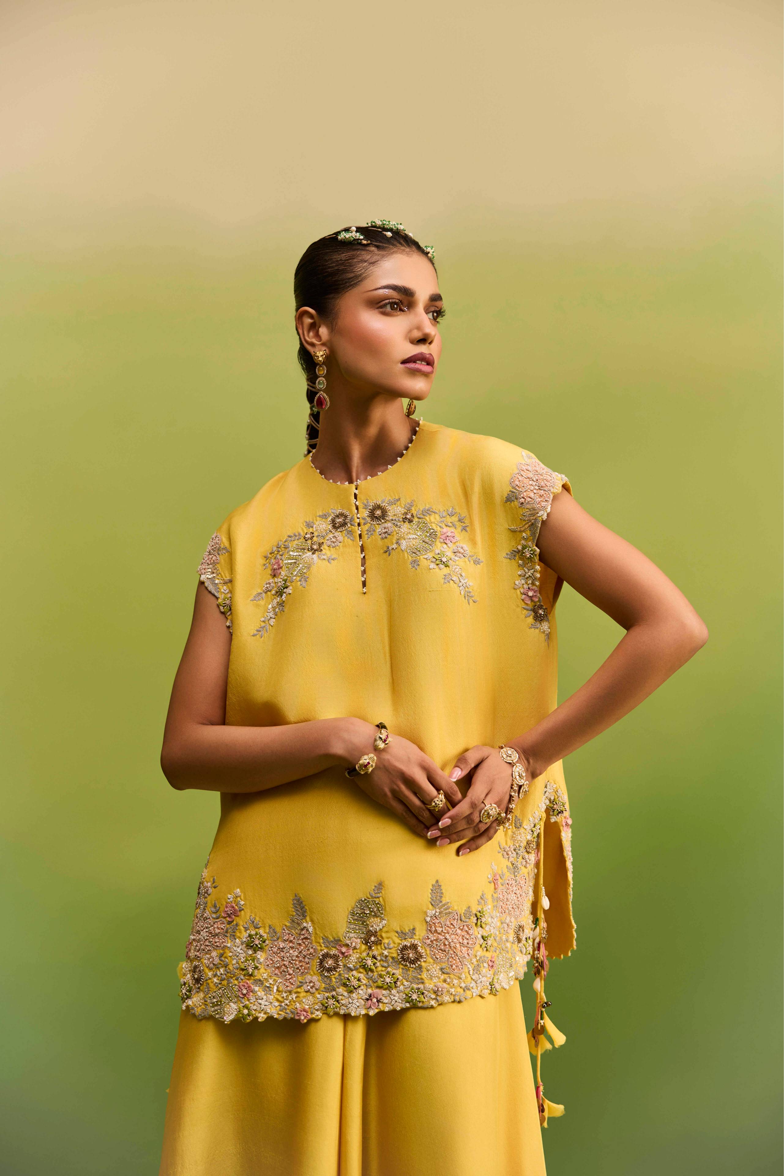Yellow Short Kurta Floral Emblished Set