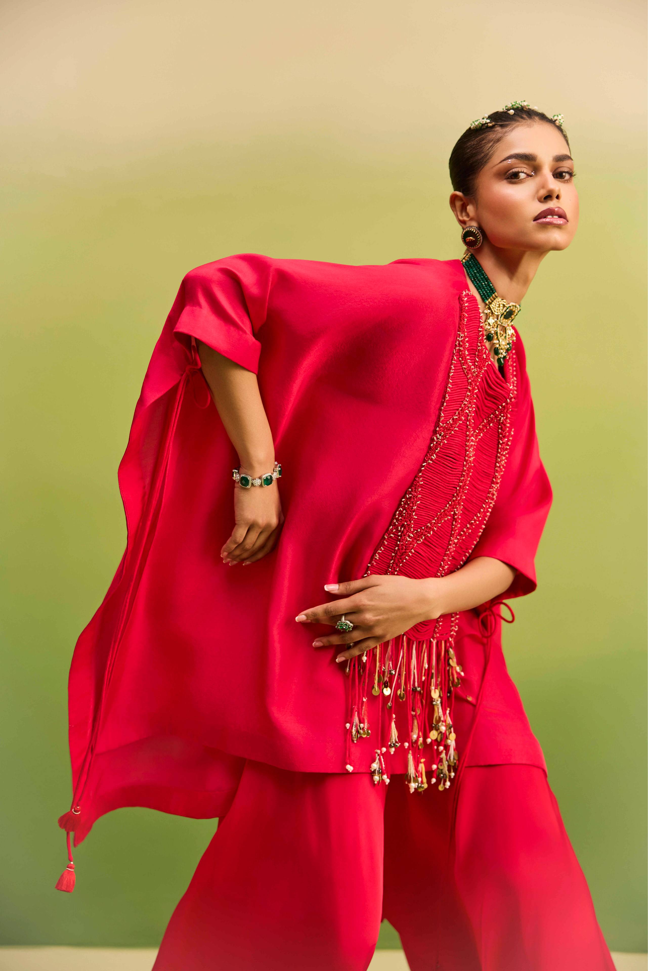 Red Kaftan Tone on Tone Work